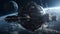 Futuristic spaceship explores galaxy, orbiting planet at night generated by AI