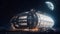 Futuristic spaceship illuminates dark galaxy, speeding towards modern cityscape generated by AI