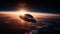 Futuristic spaceship levitates in dark atmosphere, exploring mysterious galaxy generated by AI