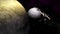 Futuristic spaceships flying above planet and moon