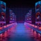 Futuristic speaker system in dark lighted cyber environment, artistic 3D rendering