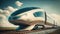 Futuristic speed maglev magnetic cushion train with city background. Generative AI