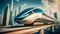 Futuristic speed maglev magnetic cushion train with city background. Generative AI