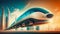 Futuristic speed maglev magnetic cushion train with city background. Generative AI