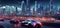 futuristic sport car at highway of big cyberpunk city with skyscrapers, in style of dark sci fi, generative AI