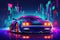 Futuristic sport car with neon lights at cyberpunk city street. Generative AI