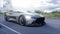 Futuristic sport car very fast driving on highway. Futuristic city concept. 3d rendering.