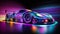 Futuristic sports car brightly lit by night neon lights.