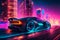 Futuristic sports car drifting in the neon street