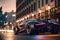 Futuristic sports car drives on city street, luxury auto at urban road at night, generative AI