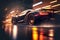 Futuristic sports car drives on city street in rain, luxury auto at urban road at night, generative AI