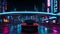 Futuristic sports car driving down the neon lit city street. Vibrant cyberpunk cityscape at night. Concept of future