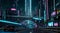 Futuristic sports car driving down the neon lit city street. Vibrant cyberpunk cityscape at night with sport car