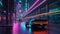 Futuristic sports car driving down the neon lit city street. Vibrant cyberpunk cityscape at night with sport car