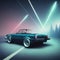 Futuristic sports car on a highway in the lights, retro cyberpunk, cool convertible speed driving car, ai generative