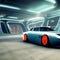 Futuristic sports car on a highway in the lights, retro cyberpunk, cool convertible speed driving car, ai generative