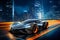 Futuristic sports car in motion over night city background. Generative AI