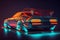 Futuristic sports car with neon glowing, shiny luxury cyberpunk auto, generative AI