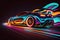 Futuristic Sports Car On Neon Highway. Powerful acceleration of a supercar on a night track with colorful lights and trails.