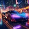 Futuristic sports car in neon-lit cityscape