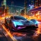 Futuristic sports car in neon-lit cityscape