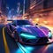 Futuristic sports car in neon-lit cityscape