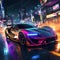 Futuristic sports car in neon-lit cityscape