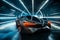 Futuristic sports car parked in illuminated tunnel. Generative AI