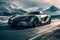 A futuristic sports car speeding down a curved road on the snowy mountains