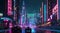 Futuristic sports cars driving down the neon lit city street. Vibrant cyberpunk cityscape at night with sport cars