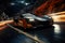 Futuristic sports super car in fast motion riding on highway road, night street racing on expensive exclusive luxury auto, AI