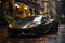 Futuristic sports super concept car on the street of a European city, street racing on expensive exclusive luxury auto, AI