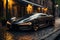 Futuristic sports super concept car on the street of a European city, street racing on expensive exclusive luxury auto, AI