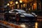 Futuristic sports super concept car on the street of a European city, street racing on expensive exclusive luxury auto, AI