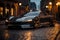 Futuristic sports super concept car on the street of a European city, street racing on expensive exclusive luxury auto, AI