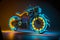 Futuristic steampunk motorcycle.Blue yellow neon glow