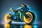 Futuristic steampunk motorcycle.Blue yellow neon glow