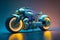 Futuristic steampunk motorcycle.Blue yellow neon glow