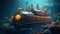 Futuristic submarine exploring an oceanic landscape. Concept of underwater exploration, marine vehicle, ocean adventure