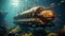 Futuristic submarine exploring oceanic landscape. Concept of underwater exploration, marine vehicle, ocean adventure