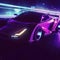 Futuristic supercar driving in the night in purple neon colors, generative AI