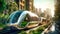 Futuristic supersonic train or hyperloop ultrasonic train capsule with fully activated automatic driving system in the city.