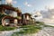 Futuristic sustainable beach villas with green roofs, seamlessly integrated into a natural coastal landscape during a tranquil