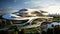 Futuristic sustainable complex office building for green economy comeliness