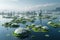 Futuristic Sustainable Floating Habitats on Peaceful Waters at Dawn