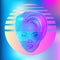 Futuristic synth wave style. Retroparty flyer template. Portrait of androgynous woman with short shaved pixie undercut