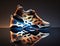 Futuristic tennis shoe concept, orange and blue, liquid form, Generative Ai