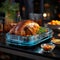 Futuristic Thanksgiven dinner table with roasted Turkey and vegetables, Side view, AI Generative