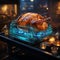 Futuristic Thanksgiven dinner table with roasted Turkey and vegetables, Side view, AI Generative