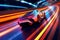 Futuristic thrill ride, Supercar blazes on neon highway with captivating trails